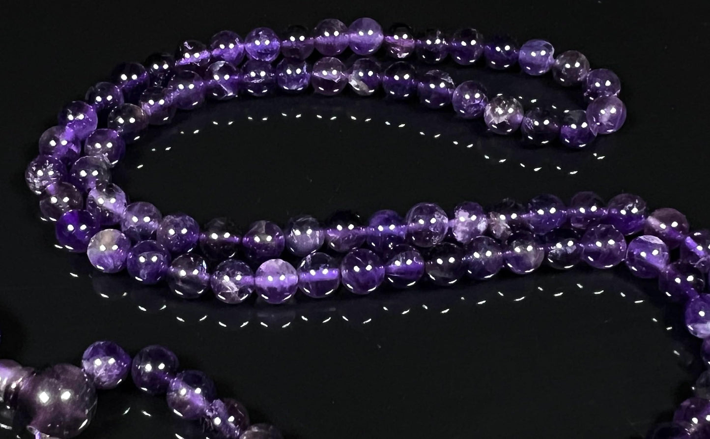 Handmade Amethyst Mala Beads Necklace - 6mm 108 Beads - Pisces Birthstone - Crown Chakra