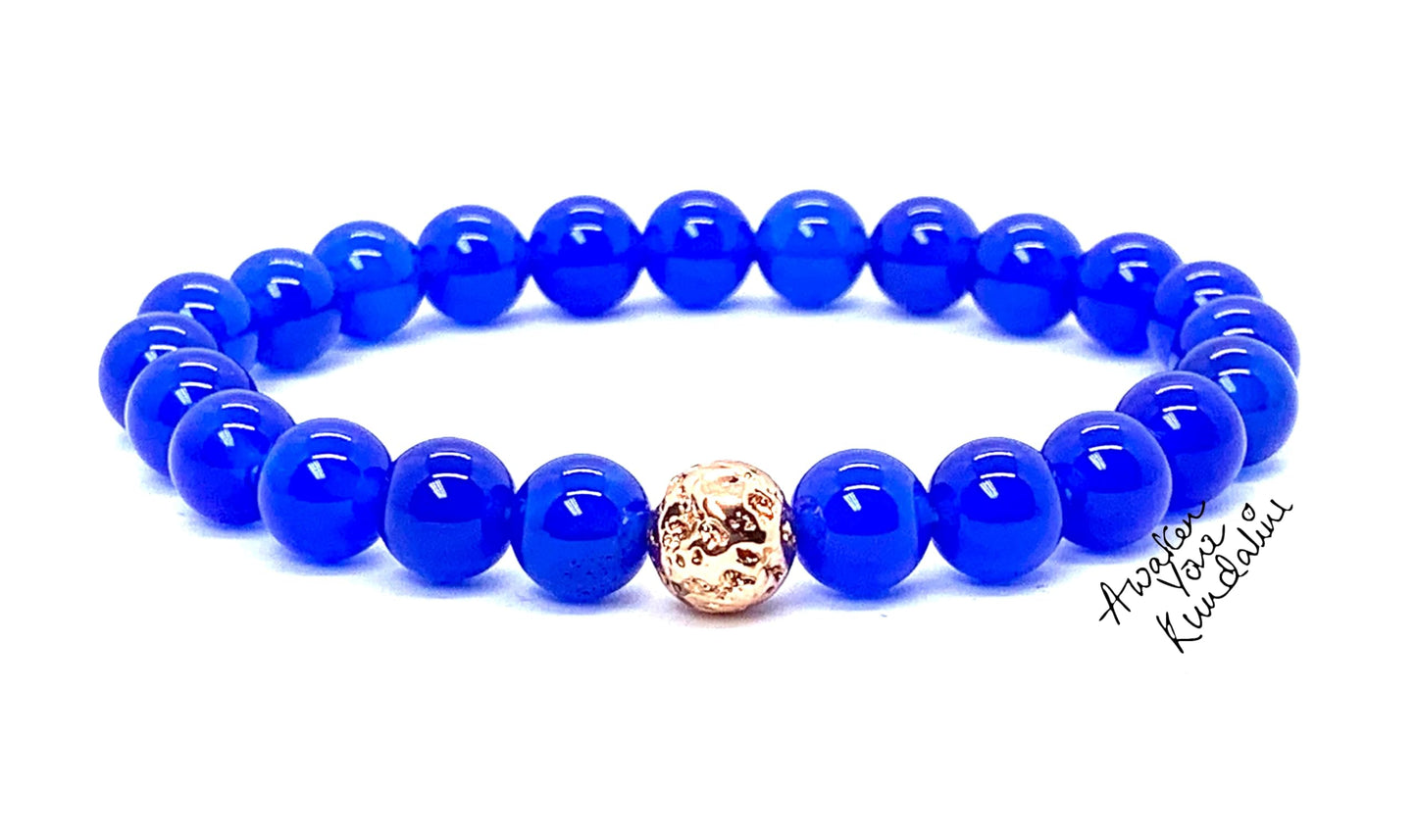 Blue Jade Stretch Bracelet with Lava Bead - March Birthstone For Pisces - Throat Chakra Alignment, Balancing, Activation
