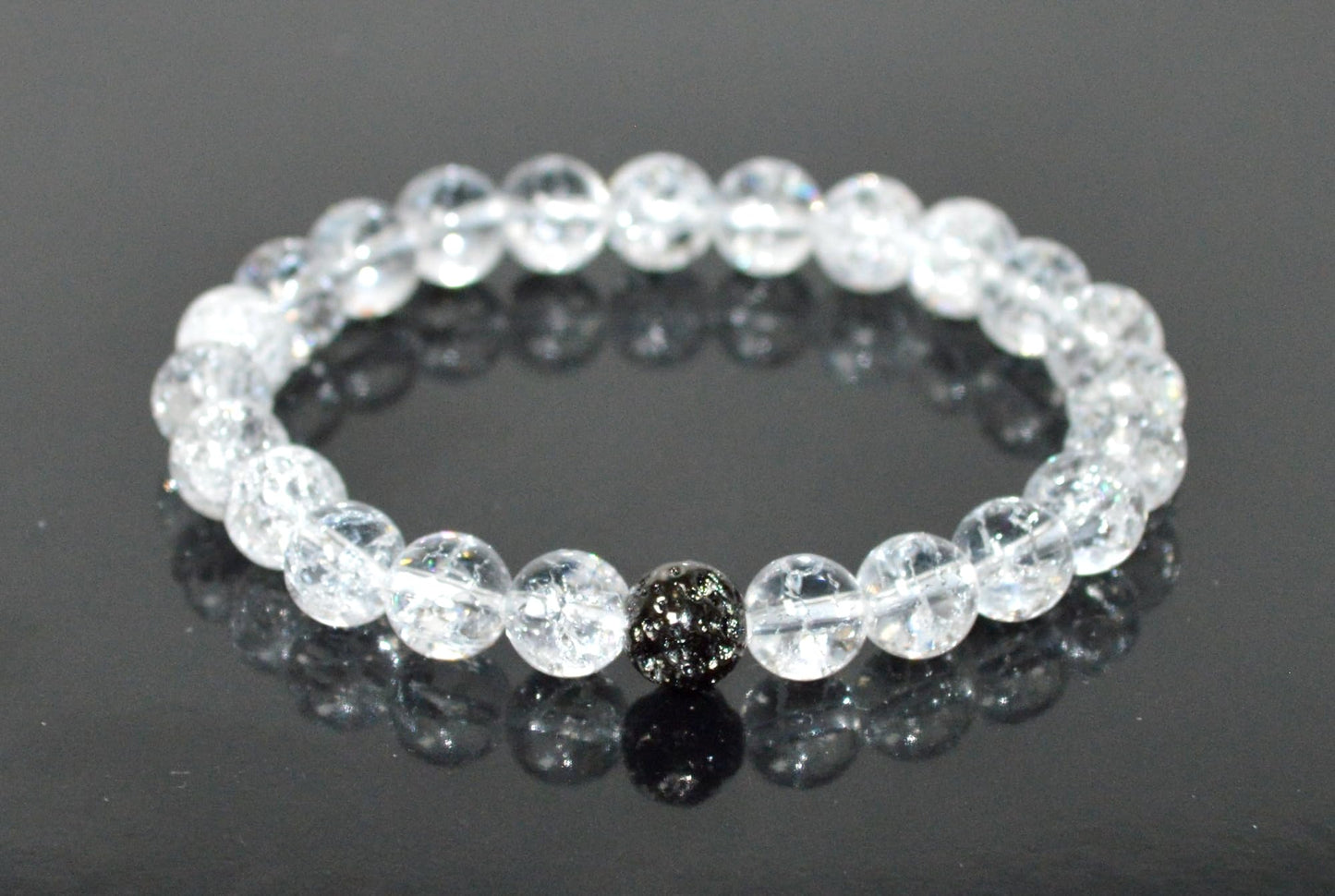 Himalayan Ice Crystal Quartz and Lava Beads Stretch Bracelet – Multi Tone Finish – Aries Birthstone – Universal Sun Sign - Crown Chakra Energy Bracelet