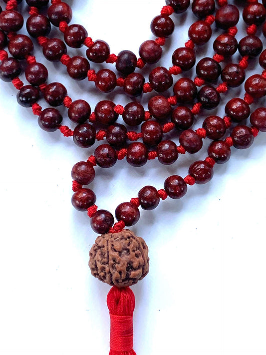 Rosewood mala beads necklace 108 buddhist prayer beads Red Sandalwood japa mala 10 Styles - Energized - w/ mala Pouch (8mm 108+1 Beads Knotted mala w/ 14mm 5 Mukhi (5 Face) Rudraksh Guru Bead)