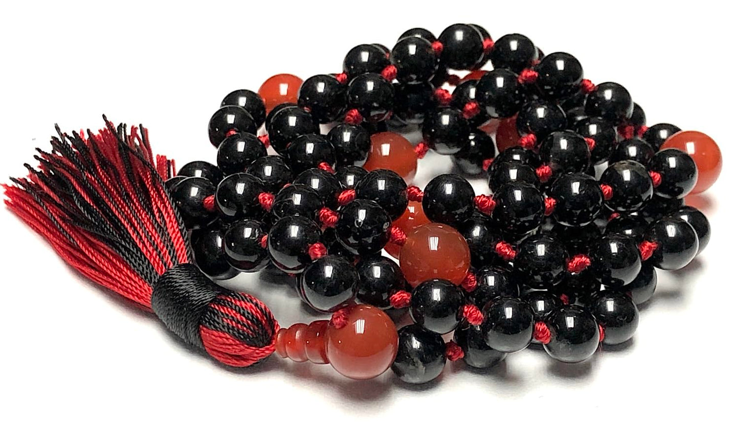 Hand-Knotted Black Tourmaline & Red Carnelian Mala Beads Necklace – 108 Beads – Scorpio & Aries Birthstone – Root & Sacral Chakra Energy Beads