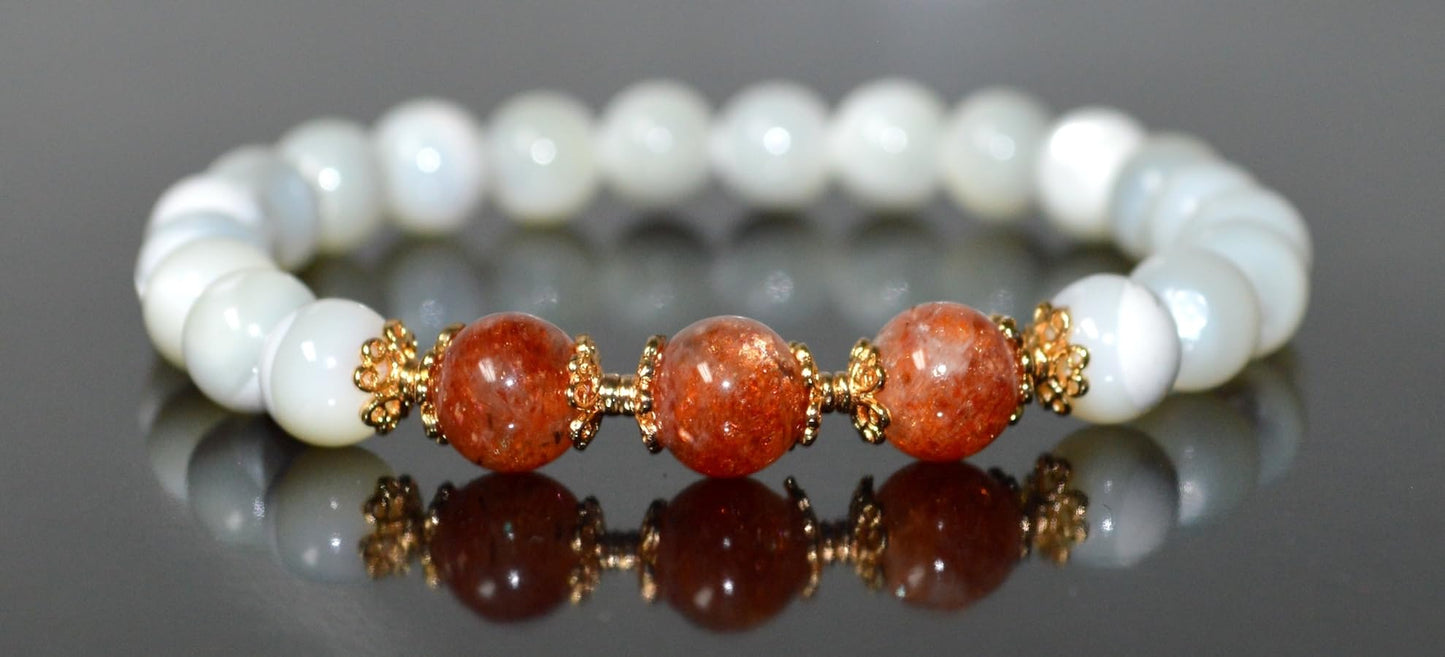 Mother of Pearl and AAAAA Grade Sunstone Beads Stretch Bracelet – Solar Plexus Chakra, Leo Birthstone