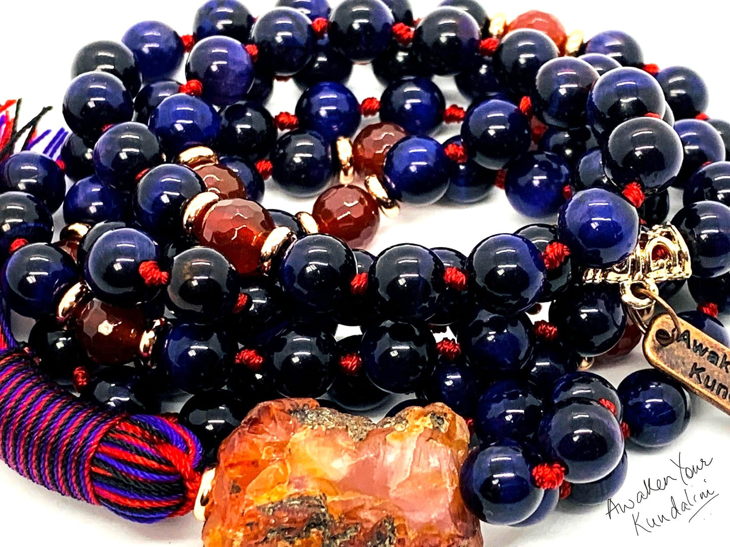 Hand Knotted Royal Vision Mala – Purple Tiger’s Eye with Faceted Carnelian Markers | 8mm 108 Beads | Third Eye & Sacral Chakras | July Birthstone Energy | Ethically Sourced