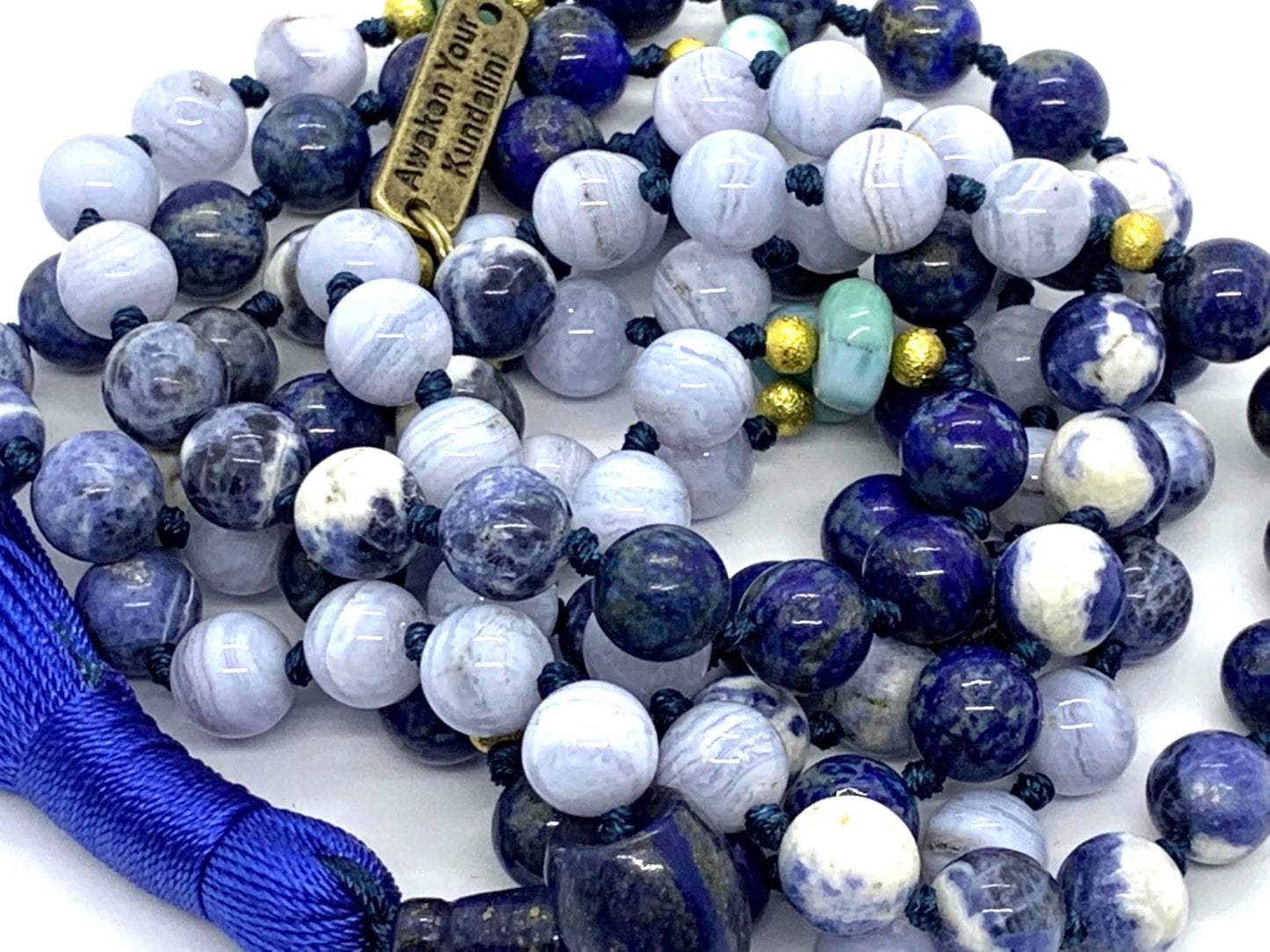 Hand Knotted Oceanic Wisdom Mala Necklace – Lapis Lazuli, Sodalite, Blue Lace Agate & Amazonite | 8mm 108 Beads | September & December Birthstones | Throat & Third Eye Chakras | Ethically Sourced