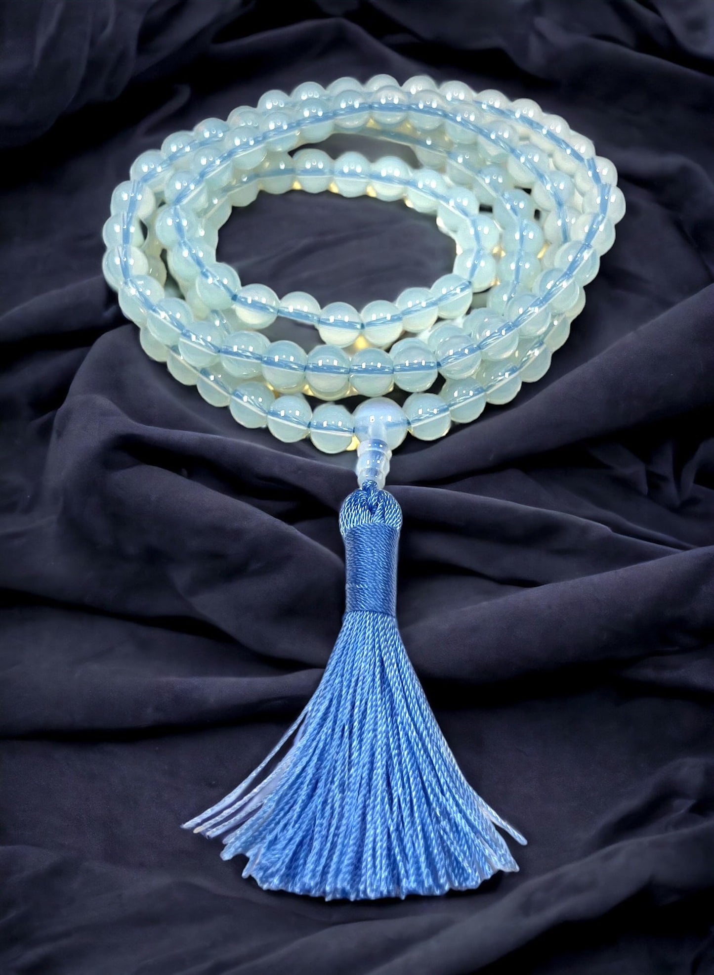 Handmade Opal Opalite Mala Necklace (8mm 108 Beads) - Libra Birthstone, Zodiac Sign, and Crown Chakra
