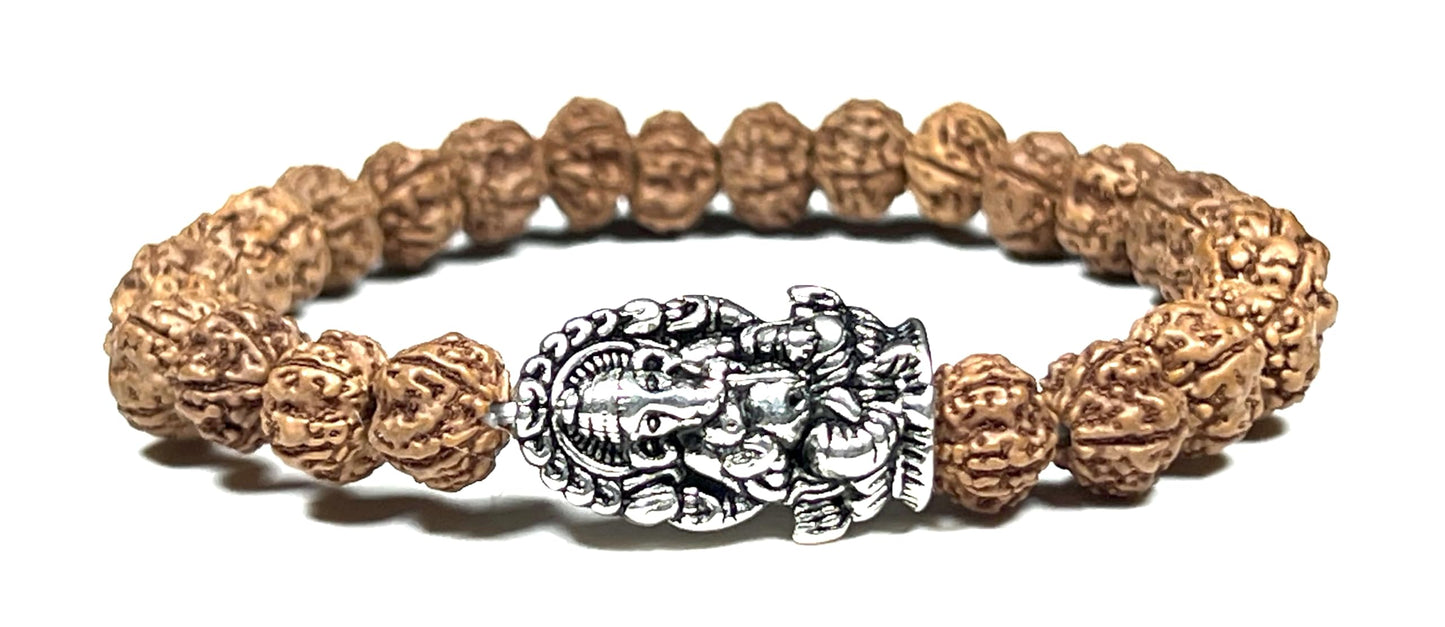 5 Mukhi Rudraksha Beads Stretchable Bracelet - 8mm Real Chikna Rudraksh Beads - w/God Ganesha Ganesh Ganpati Accent - Natural & Ethically Sourced