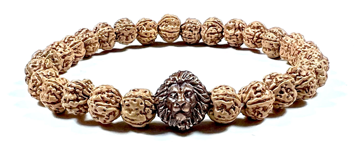 Unleash Inner Strength & Grounding: Handmade 5 Mukhi Rudraksha & Bronze Polished Lion Head Bracelet (8mm) - Root Chakra & Universal Birthstone
