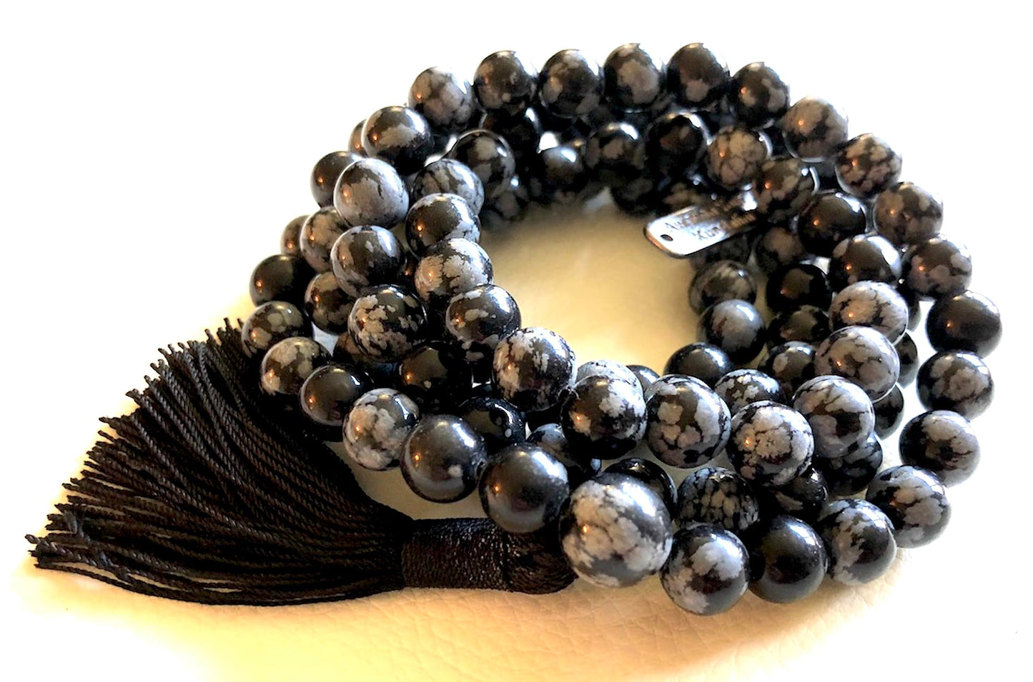 Snowflake Obsidian Mala Beads Necklace, 8mm 108 Mala Beads, Capricorn and Virgo Birthstone Crystal Gemstones