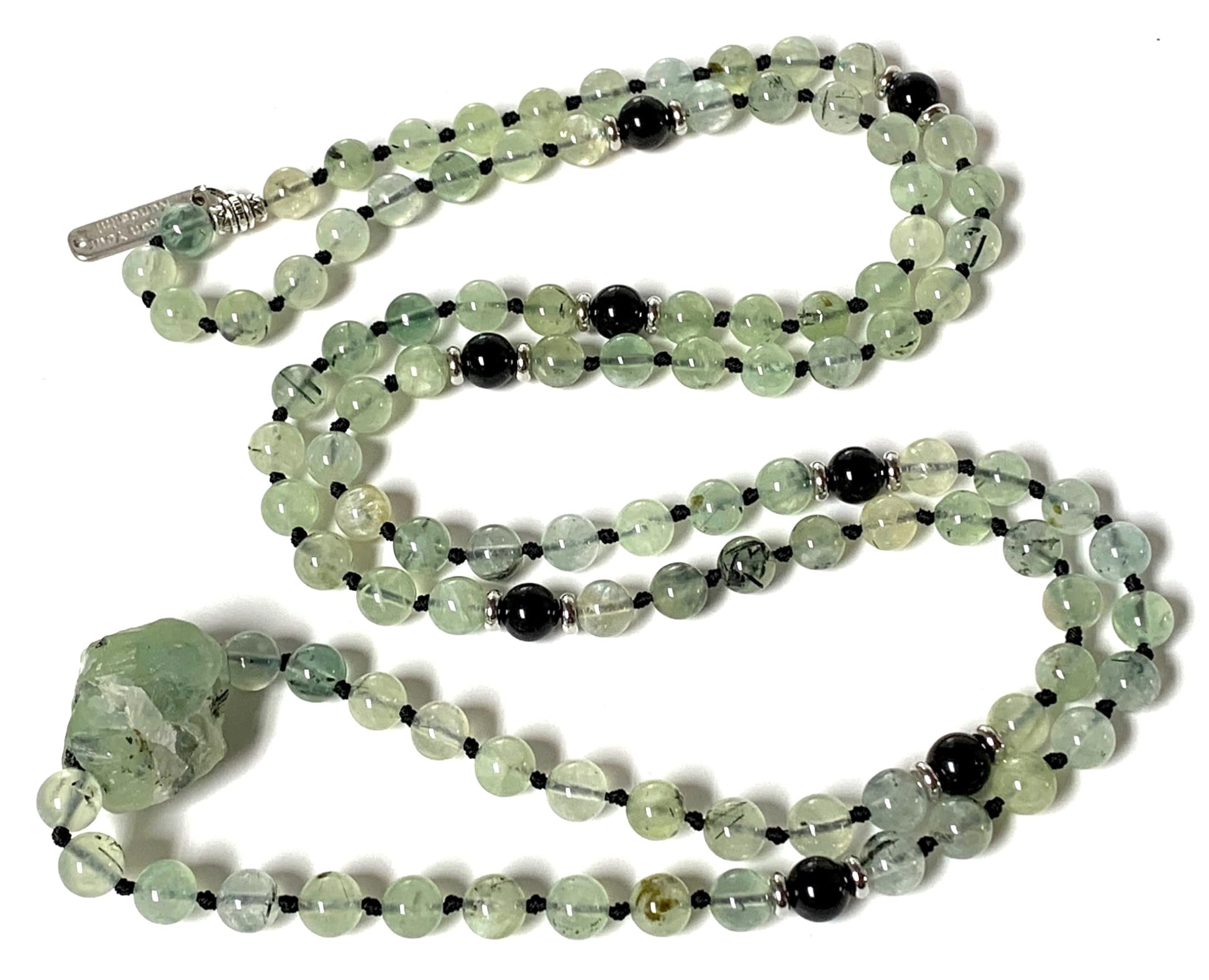 Hand-knotted Prehnite Mala Necklace featuring 108 8mm natural green prehnite gemstone beads, Heart Chakra Solar Plexus Chakra healing jewelry, VESTA Collection spiritual necklace, handmade USA, ethically sourced stones, meditation prayer beads, AYK quality craftsmanship