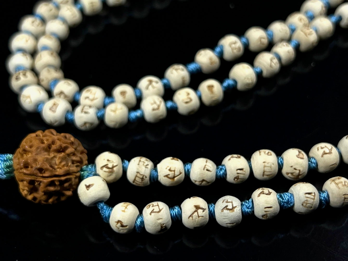 Tulsi Mala Beads Necklace w/ 5 Mukhi Rudraksha – 8mm Beads with "Ram" Inscription – Root Chakra & Aries Birthstone – Meditation Jewelry