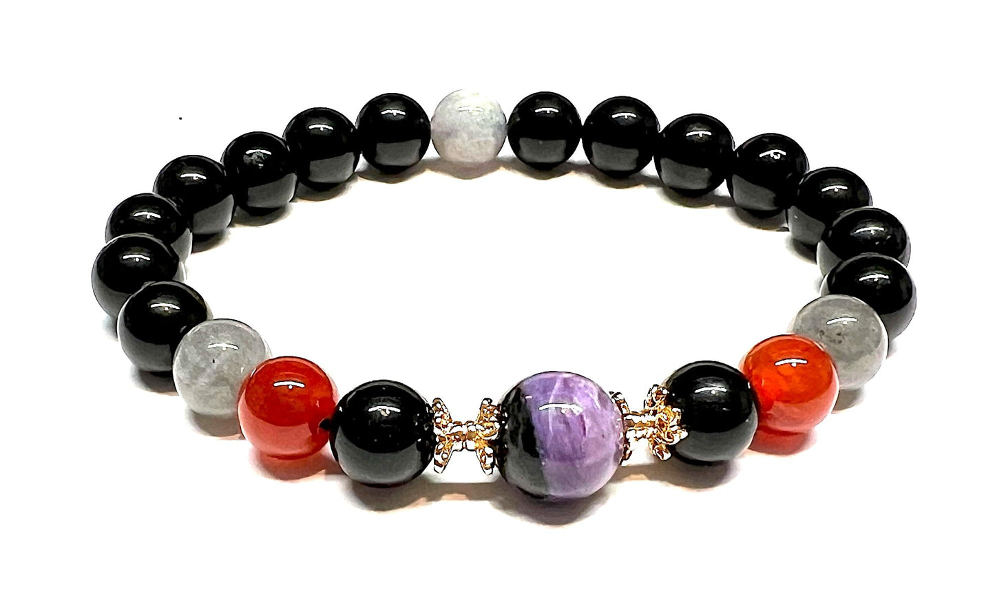 Empath Support Stretch Bracelet - Black Tourmaline, Labradorite, Carnelian, Charoite - 8mm Beads - Multiple Birthstone & Chakra Association