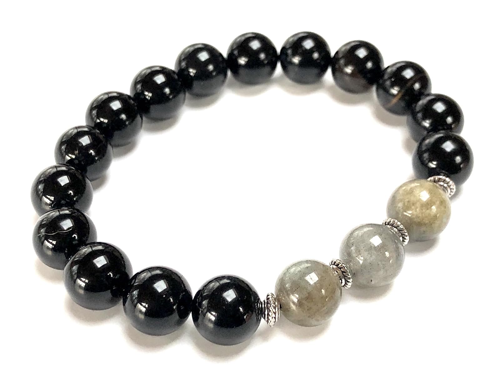 Black Tourmaline Labradorite Stretch Bracelet 8mm Iridescent Natural Stone Beads VESTA Collection Root Third Eye Chakra Alignment EMF Protection Spiritual Awakening Psychic Protection Stone of Magic Mystical Transformation Meditation Jewelry Handmade USA Natural Stone AYK