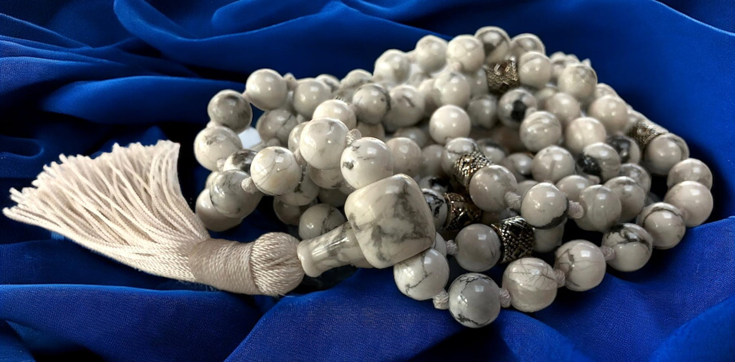 Hand Knotted White Howlite Mala Necklace (8mm 108 Beads, Zinc Alloy Spacers) - Gemini Birthstone, Zodiac Sign, and Throat Chakra