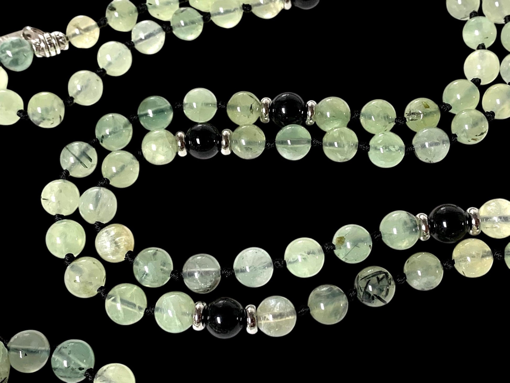 Prehnite Mala Necklace displayed with meditation accessories, 108 hand-knotted 8mm prehnite beads, Heart Chakra Solar Plexus Chakra balancing jewelry, ORACLE Collection spiritual necklace, handmade USA craftsmanship, unconditional love prophecy stone, chakra healing meditation beads