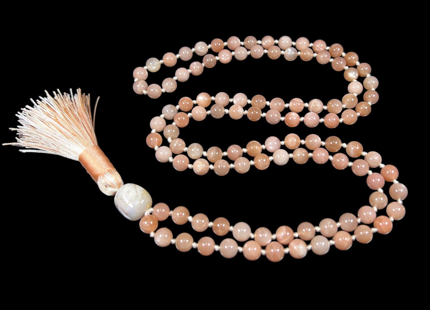 Hand Knotted Peach Moonstone Mala Necklace – Emotional Healing & Divine Feminine Energy | Sacral Chakra | VESTA Collection