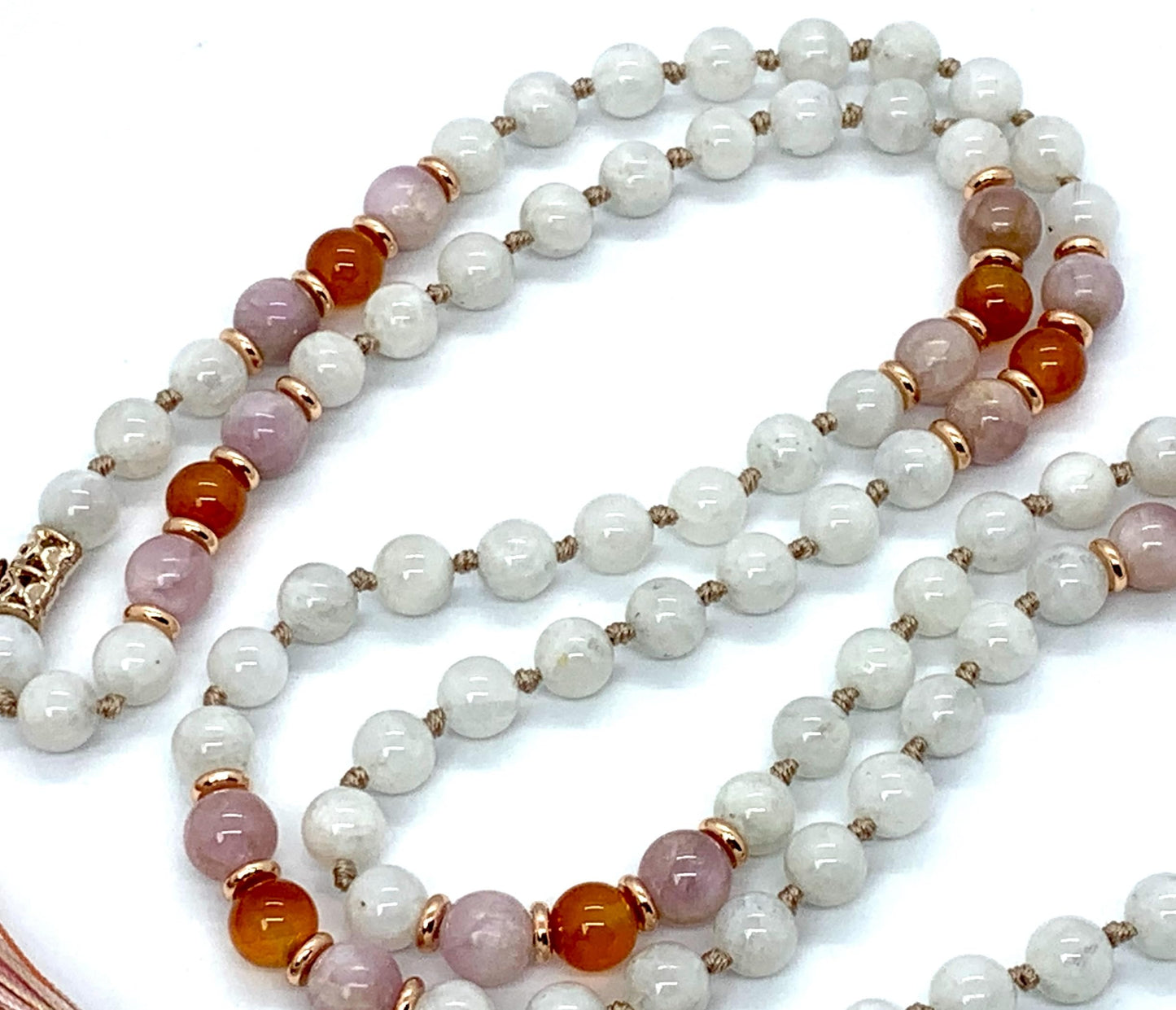 Lunessa Mala Necklace – Hand Knotted Moonstone, Kunzite & Carnelian with Raw Quartz Guru | 8mm 108 Beads | Crown-to-Sacral Chakra Alignment | June & July Birthstones | Ethically Sourced