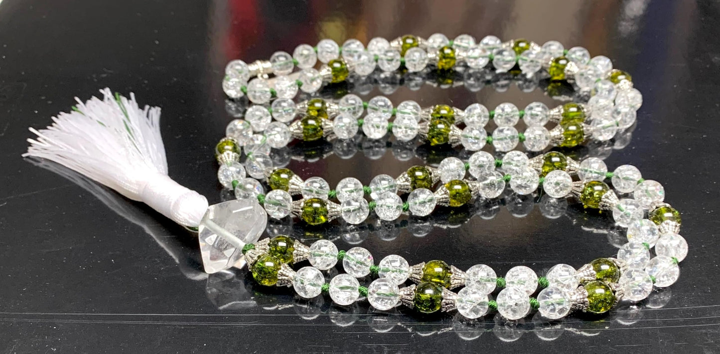 Himalayan Nirvana Mala Beaded Necklace – 8mm Ice Quartz & Peridot Beads | 8mm 108 Beads | Crown & Heart Chakras | August Birthstone Energy | Ethically Sourced