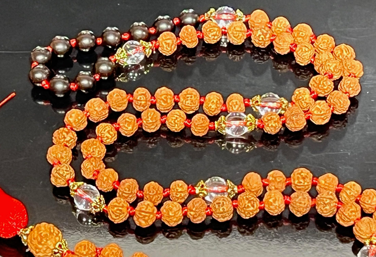 Black Tourmaline, Crystal Quartz & 5 Mukhi Rudraksha Mala Necklace (8mm Beads) - Universal Protection, Purification, and Inner Peace