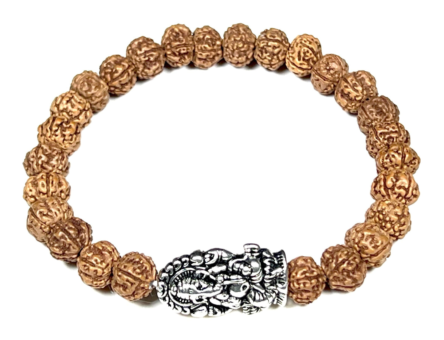 5 Mukhi Rudraksha Beads Stretchable Bracelet - 8mm Real Chikna Rudraksh Beads - w/God Ganesha Ganesh Ganpati Accent - Natural & Ethically Sourced