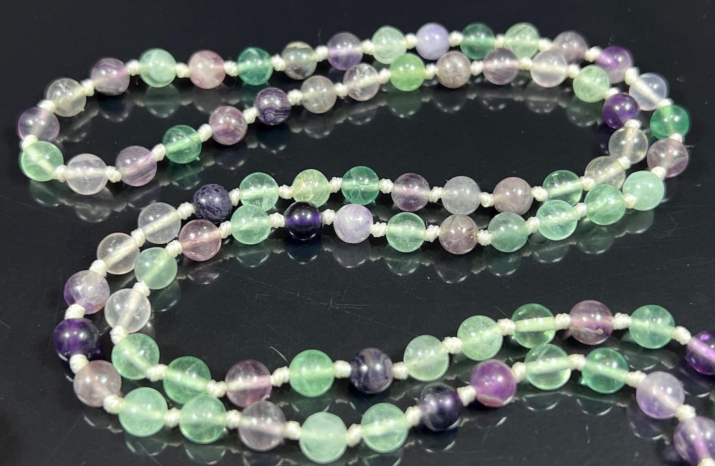 Embrace Balance: Hand-Knotted 6mm Rainbow Fluorite Mala Beads Necklace, Pisces Birthstone, Libra Astrological Sign, Heart and Third Eye Chakra