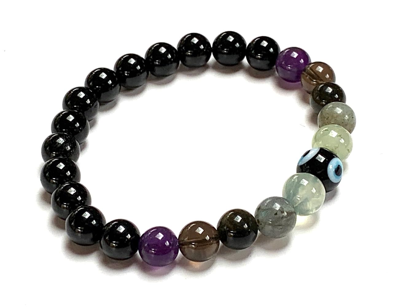 Protection Bracelet - February & October Birthstone Jewelry - Root & Third Eye Chakra - Evil Eye, Black Tourmaline, Prehnite, Labradorite Stretch Bracelet