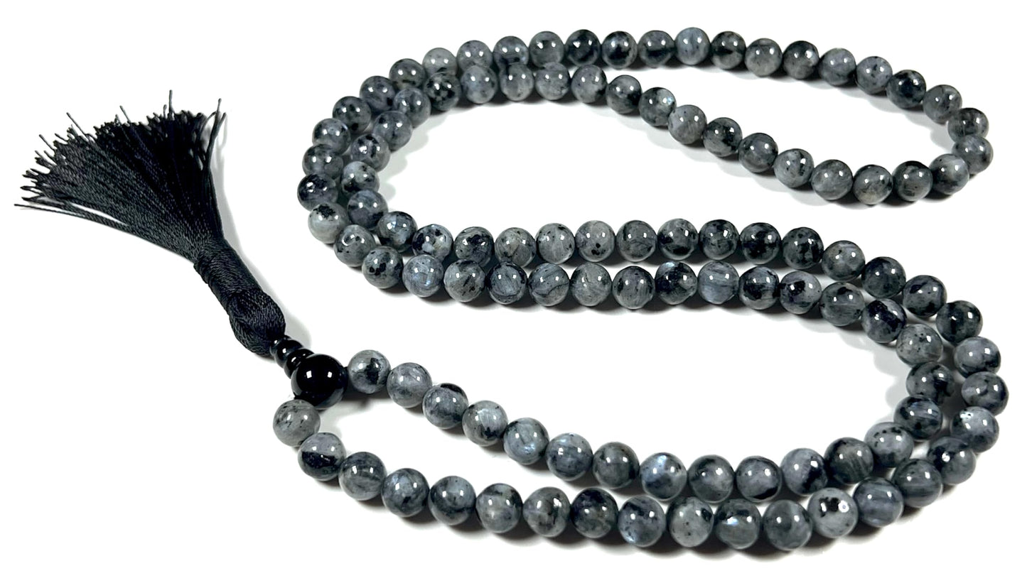 Handmade Larvikite Mala Beads Necklace | Iridescent Blue & Silver Flashes | 8mm 108 Beads | Hand-Knotted Nordic Protection Stone | Birthstone & Root Chakra Energy