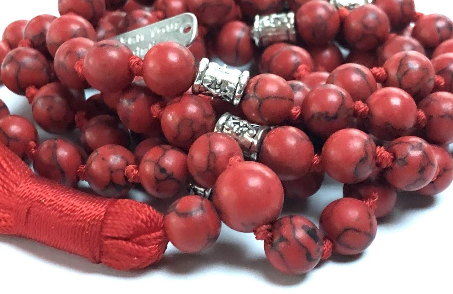 Certified Energized Mala Beads Necklace with COA - Chakra Mala - Japa Mala - 8mm 108 Buddhist Prayer Beads - Meditation Mala - Tassel Necklace – Zodiac/Sun Sign stones (Red Howlite)
