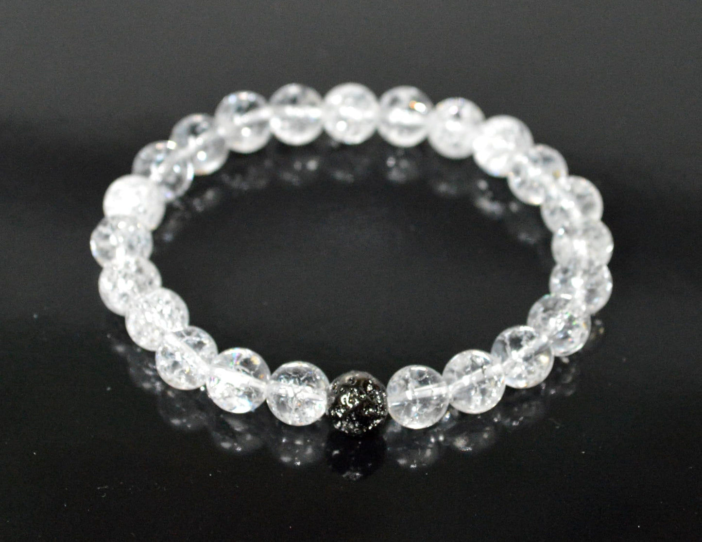 Himalayan Ice Crystal Quartz and Lava Beads Stretch Bracelet – Multi Tone Finish – Aries Birthstone – Universal Sun Sign - Crown Chakra Energy Bracelet