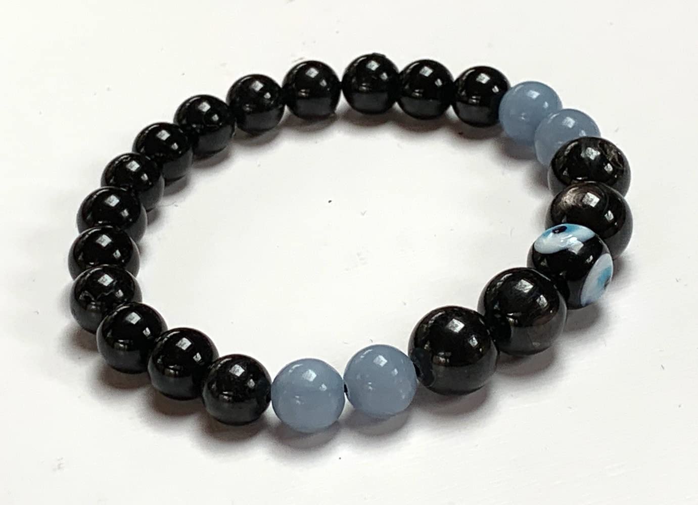 Empath Bracelet | Angelite, Tourmaline, Apache Tear, Evil Eye | 8mm Beads | 7.5 Inch | Throat, Root, Sacral Chakra Balance | Taurus Birthstone