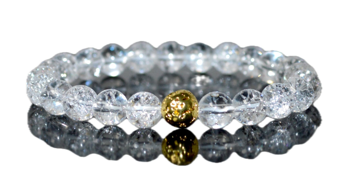 Himalayan Ice Crystal Quartz and Lava Beads Stretch Bracelet – Multi Tone Finish – Aries Birthstone – Universal Sun Sign - Crown Chakra Energy Bracelet
