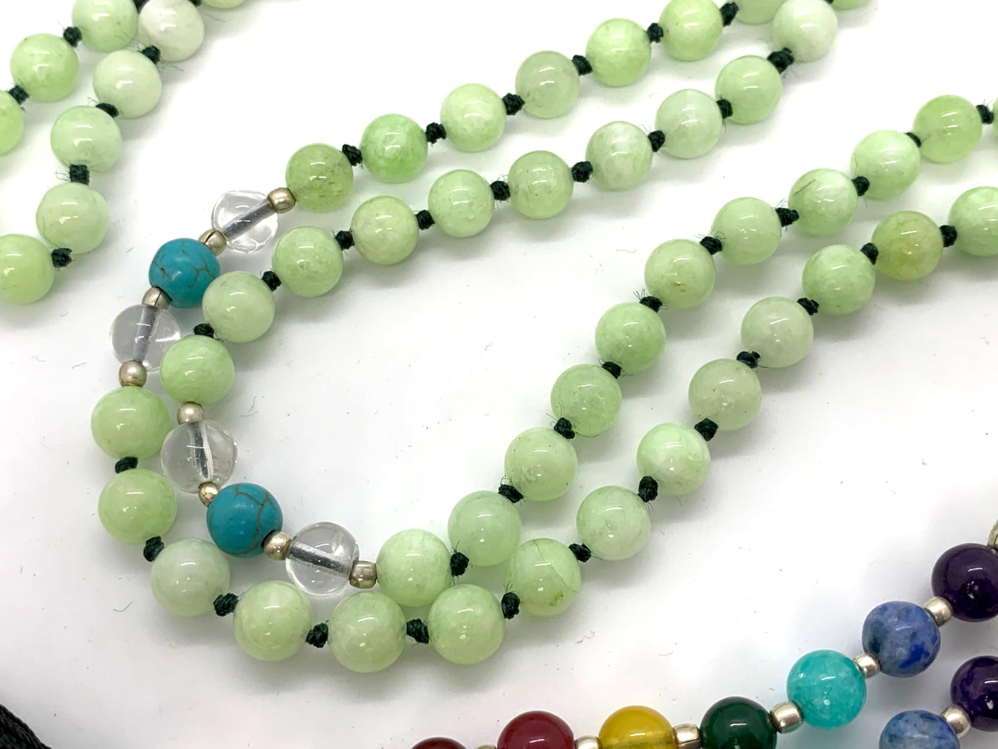 Energized 7 Chakra mala beads Hand Knotted 108 beads necklaces - Japa - Buddhist prayer beads - Meditation - Healing crystals for men women (Fluorescent Green Jade Heart chakra mala)