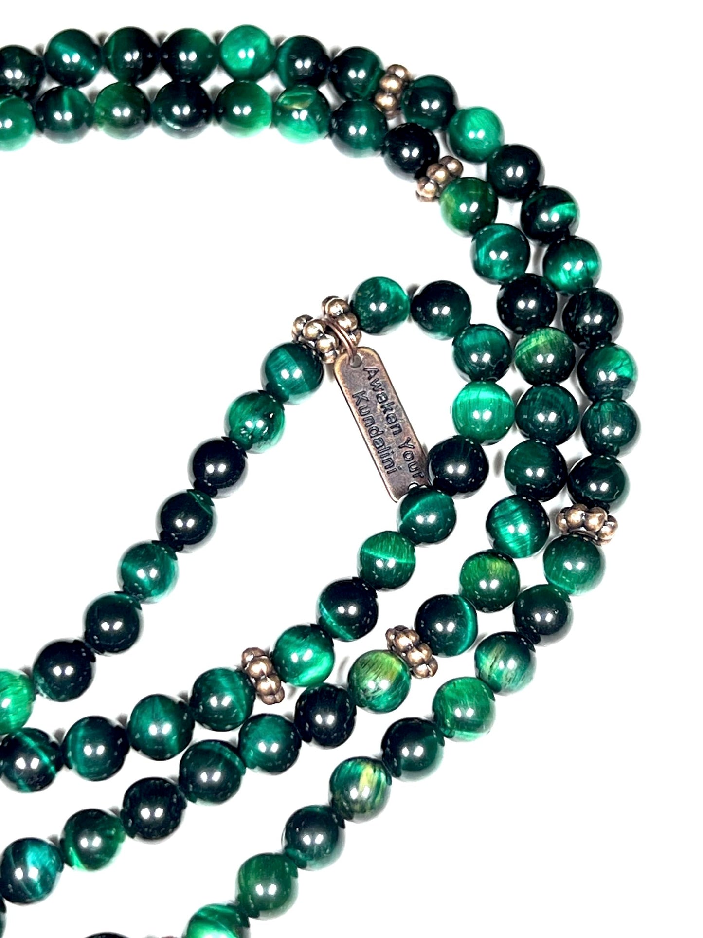 Handmade Green Tiger's Eye Mala Beads Necklace – 8mm 108 Beads - Copper Spacers – Heart Chakra & Taurus Birthstone