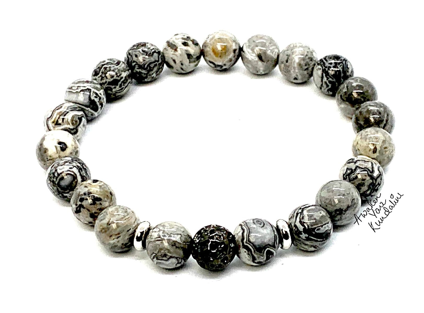 Scenic Jasper and Lava Stretch Bracelet with Choice of Black or Silver Finish Lava Bead – Leo Birthstone and Root Chakra