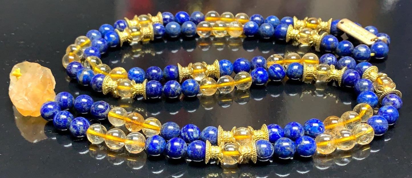 Handmade Golden Wisdom Mala Necklace – Citrine & Lapis Lazuli | 8mm 108 Beads | Solar Plexus & Throat Chakras | November & September Birthstones | Ethically Sourced