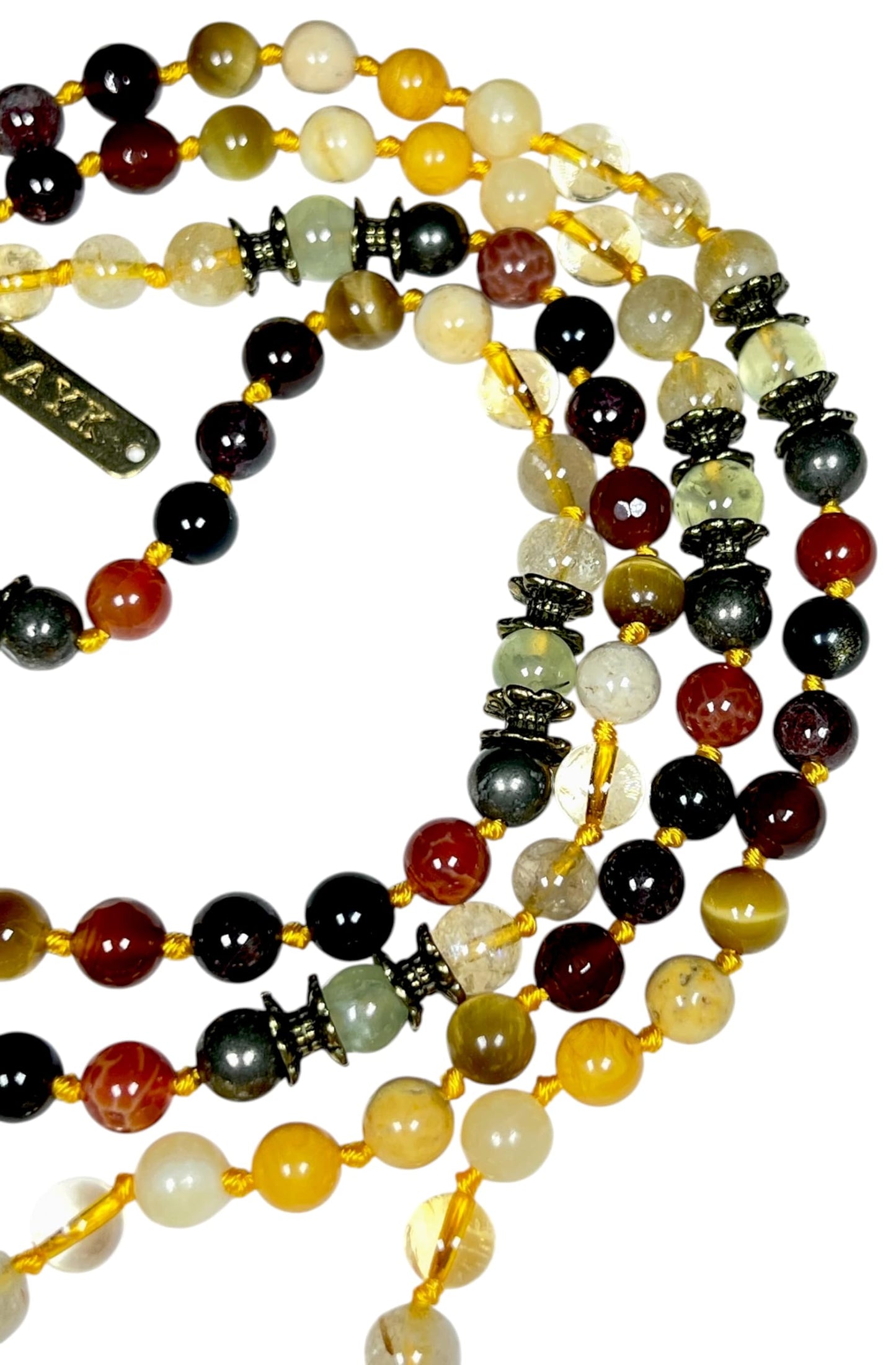Hand Knotted Abundance Alchemist Mala Beads Necklace | Manifestation Crystals | 8mm 108 Beads | Solar Plexus & Root Chakras | Universal Zodiac Birthstones | Ethically Sourced