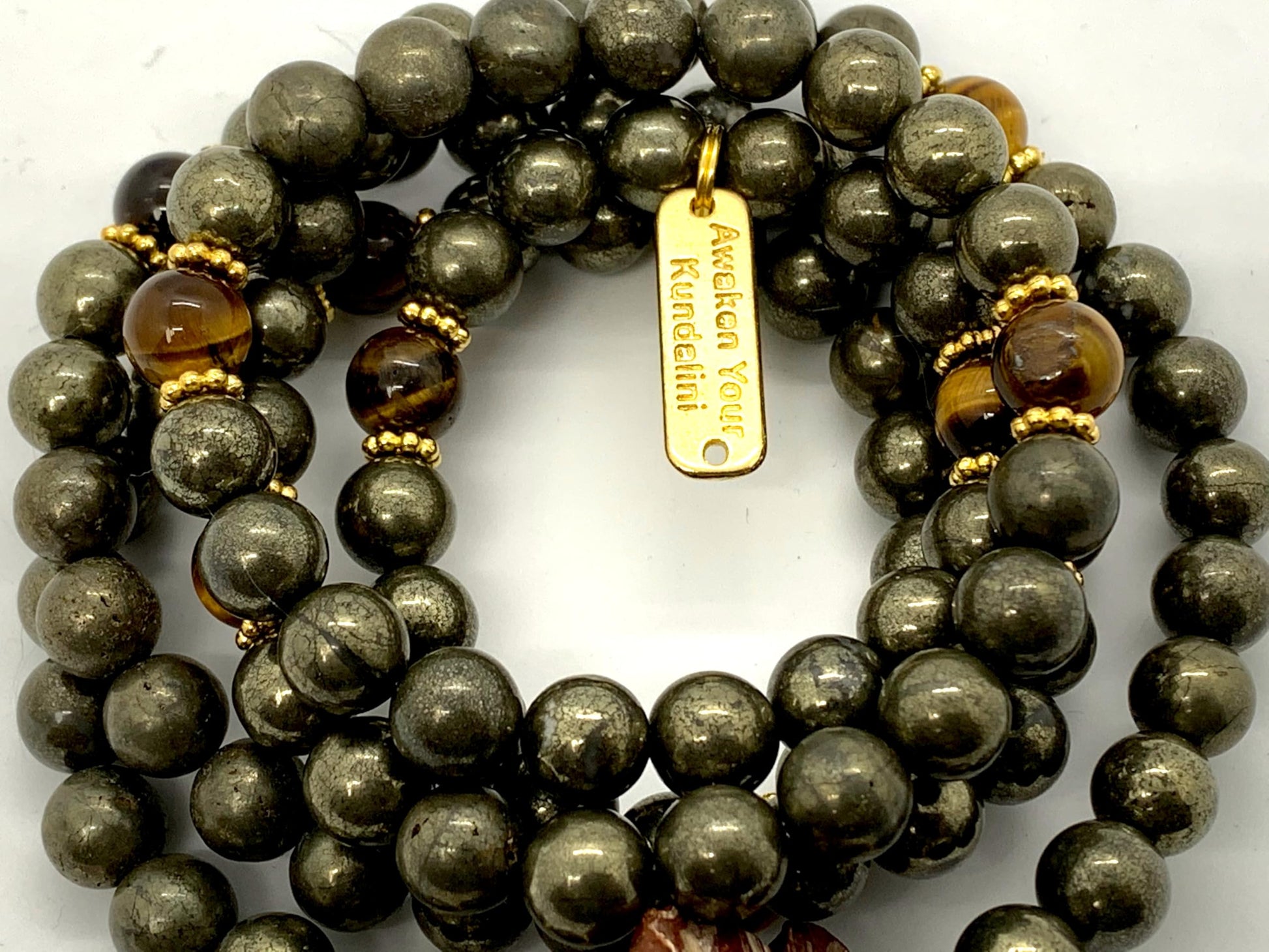 Carnelian Tiger's Eye Pyrite Mala Necklace Detail View 108 Beads HIRANYA Collection Solar Plexus Sacral Chakra Hand-Knotted Natural Stone Protection Abundance Healing Meditation Handmade USA AYK