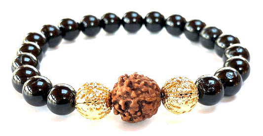 Black Tourmaline Rudraksha Bead Stretch Bracelet 8mm Beads Hand-Knotted Handmade USA VESTA Collection Root Chakra Crown Chakra Protection Abundance Manifestation EMF Shield Grounding Prosperity Sacred Rudraksha Beads Lord Shiva Tears Golden Spacers Natural Stone AYK
