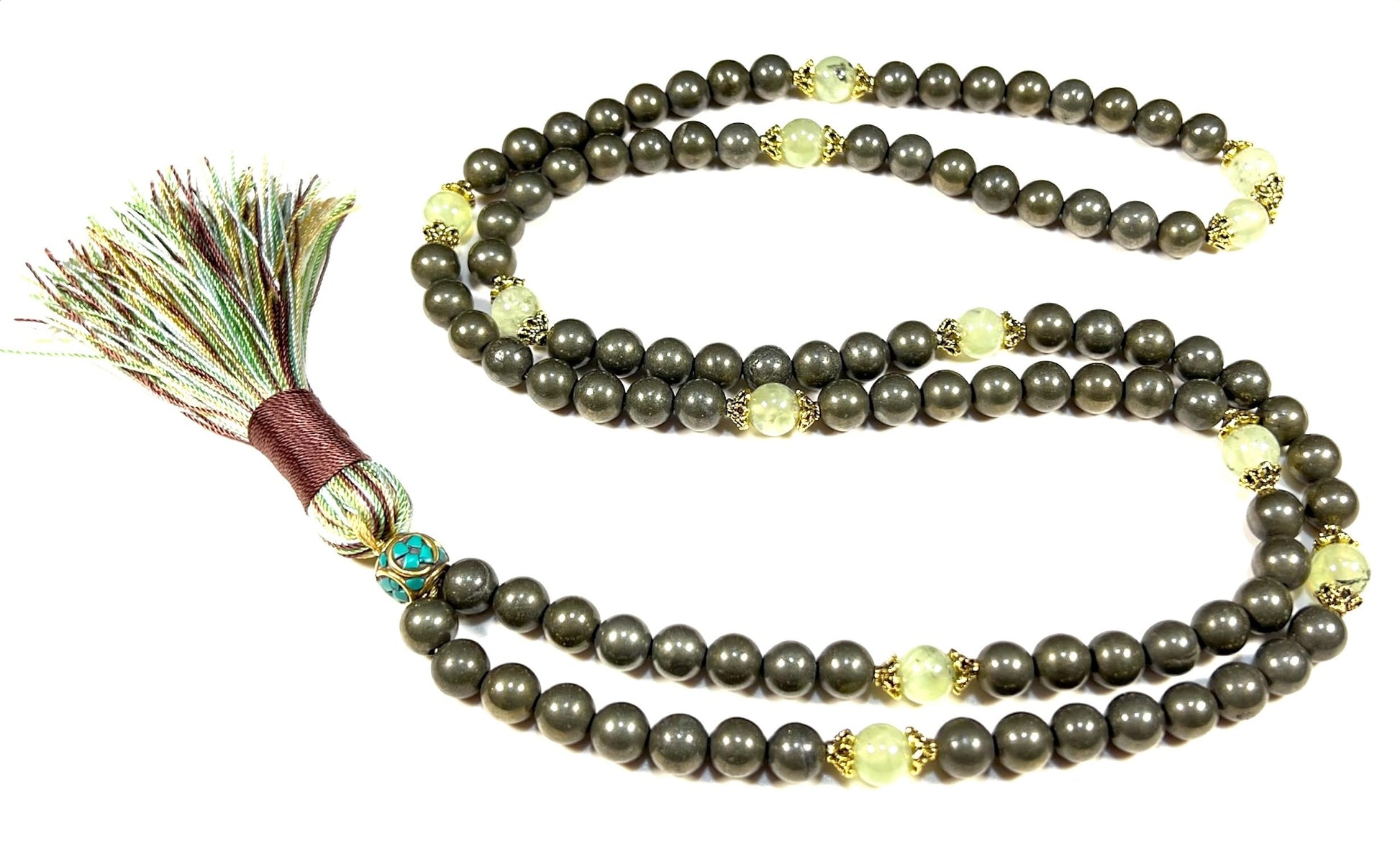 Pyrite & Prehnite Mala Necklace 108 Hand-Knotted Beads HIRANYA Collection Solar Plexus Heart Chakra Healing Abundance Manifestation Meditation Jewelry Handmade USA Natural Stone AYK