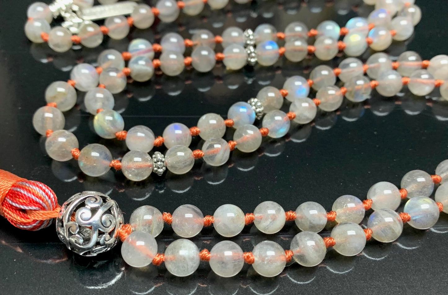 Hand Knotted Labradorite Mala Necklace | 108 Beads | Scorpio Birthstone Necklace | Throat Fifth Chakra | Tassel Necklace | Communication | Self Expression | Creativity in Writing | Public Speaking