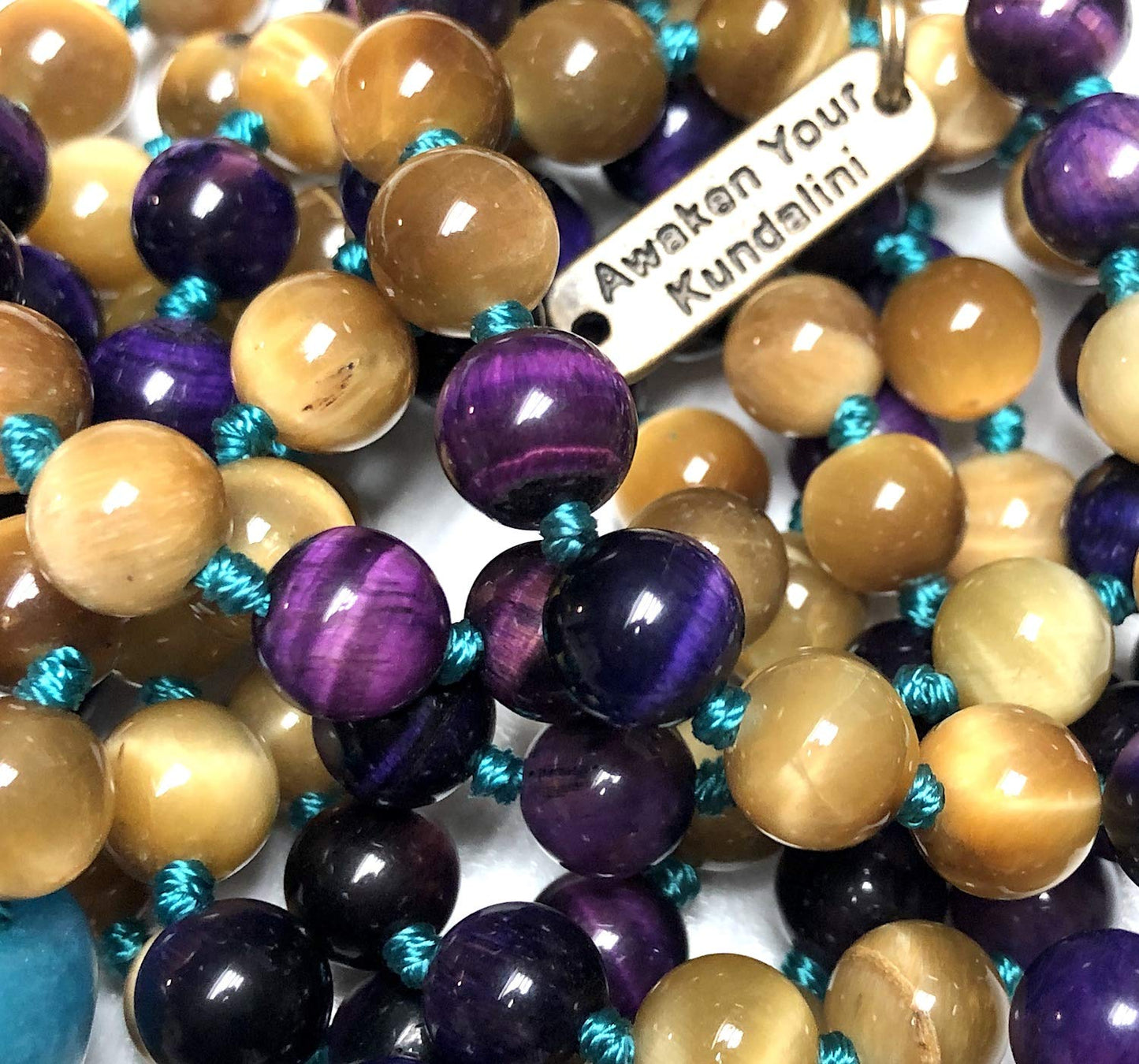 Embrace Balance and Beauty with this Exquisite Golden and Purple Tiger's Eye Mala Beads Necklace - Leo & Sagittarius Birthstone, Solar Plexus & Crown Chakra