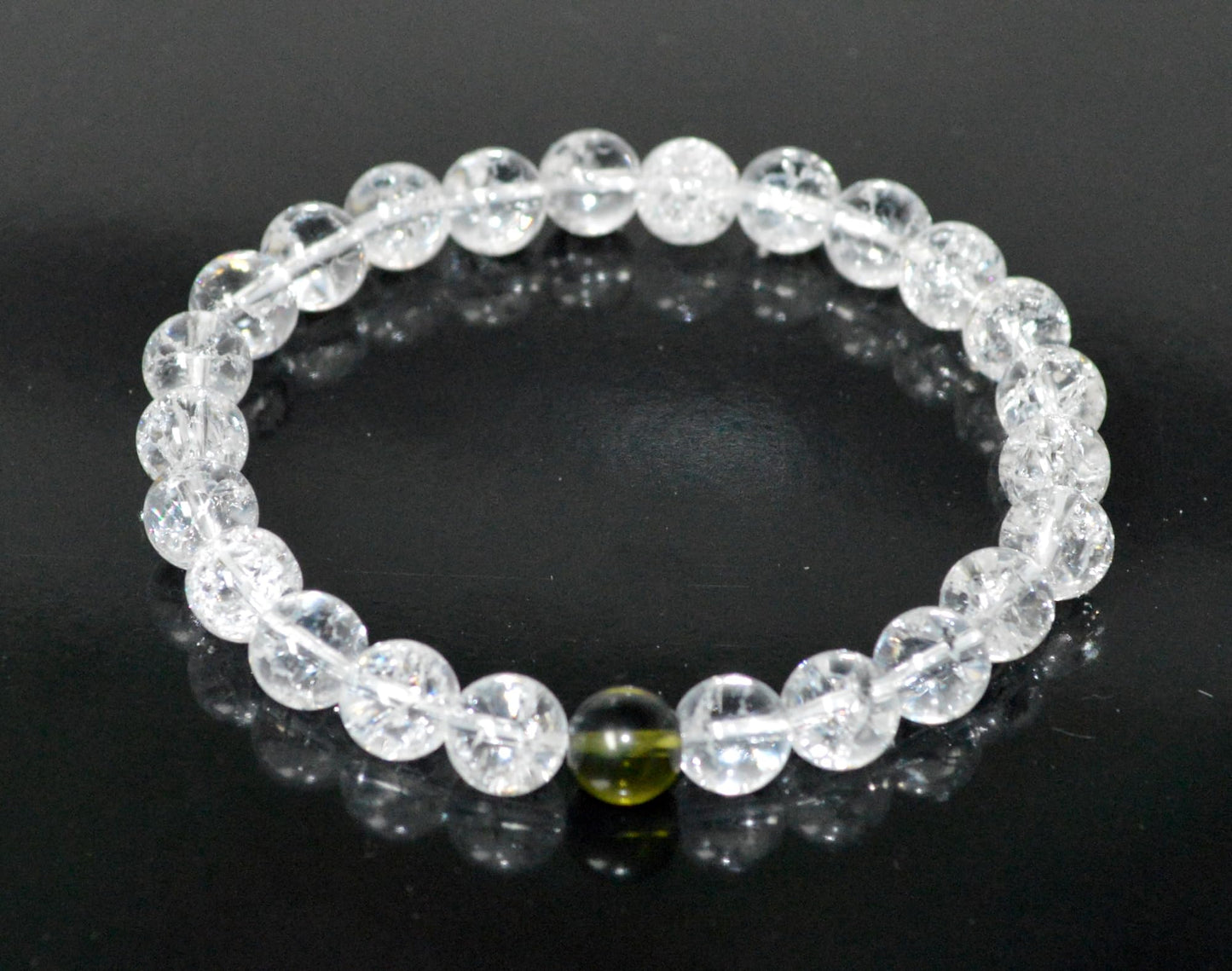 Himalayan Ice Crackled Crystal Quartz and Moldavite Stretch Bracelet – Taurus Birthstone – Universal Sun Sign – Heart Chakra, Spiritual Energy Bracelet