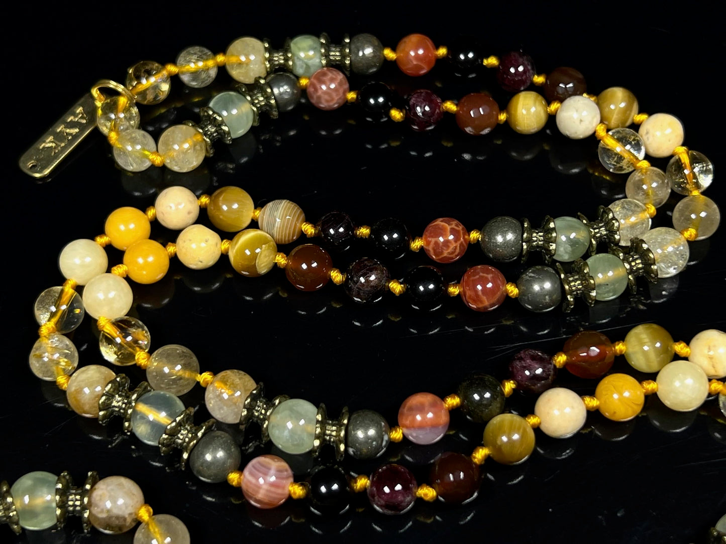 Hand Knotted Abundance Alchemist Mala Beads Necklace | Manifestation Crystals | 8mm 108 Beads | Solar Plexus & Root Chakras | Universal Zodiac Birthstones | Ethically Sourced