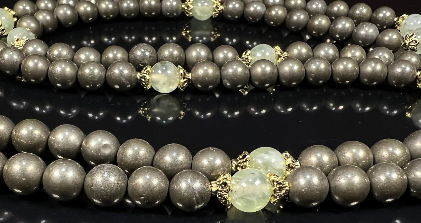 Pyrite and Prehnite Mala Necklace – 8mm 108 Beads – August and February Birthstone – Leo and Pisces Zodiac Mala – Solar Plexus and Heart Chakra Necklace