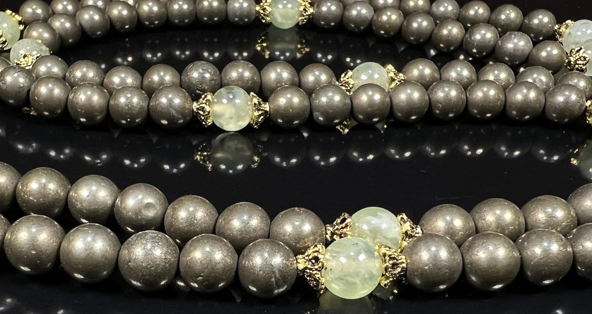Hand-Knotted Pyrite Prehnite Mala Beads Detail HIRANYA Collection Sacred Abundance Solar Plexus Heart Chakra Balancing Meditation Prayer Beads Spiritual Jewelry Handmade USA Natural Stone AYK