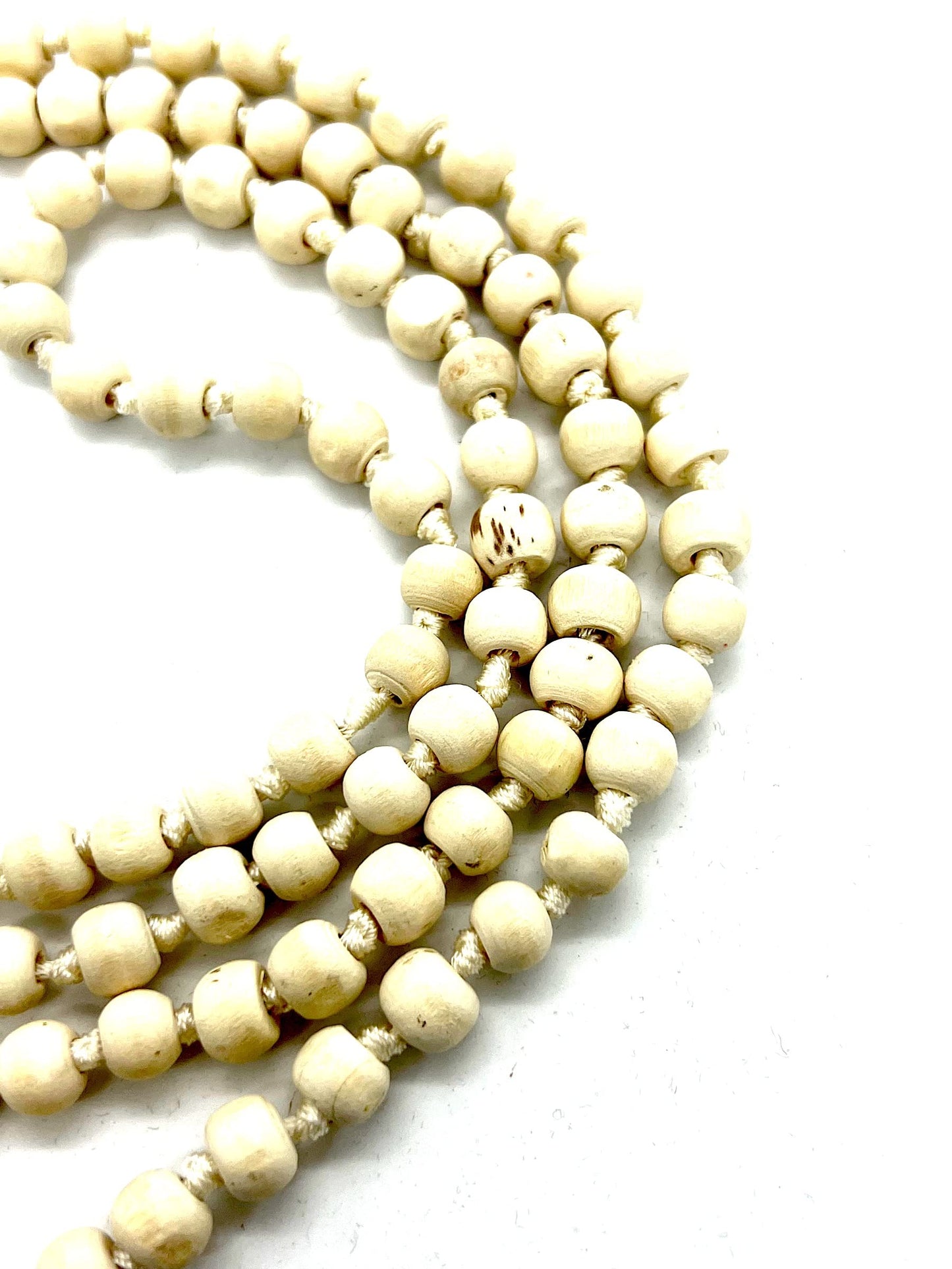 Tulsi Mala Beaded Necklace - Hand Knotted Tulasi Beads - 7 Chakra Mala (White String)