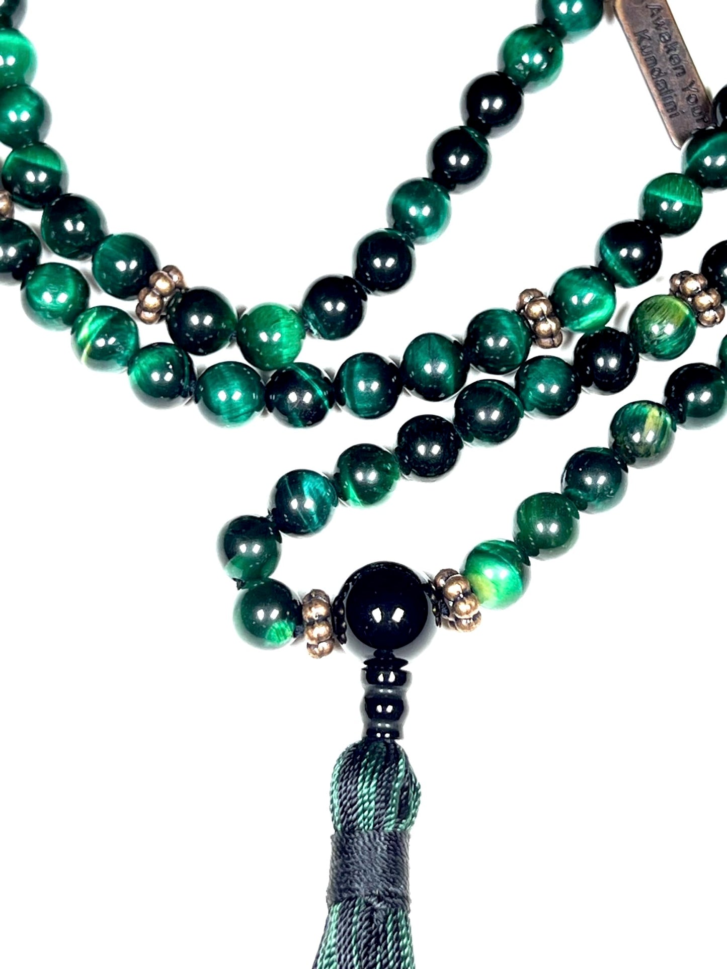 Handmade Green Tiger's Eye Mala Beads Necklace – 8mm 108 Beads - Copper Spacers – Heart Chakra & Taurus Birthstone