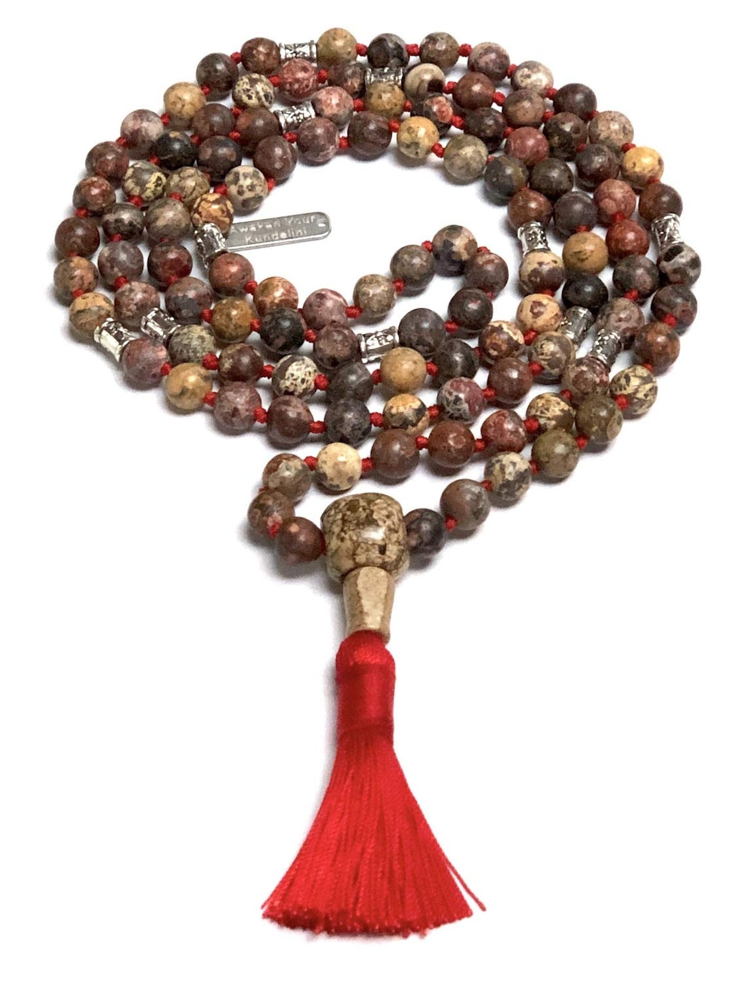 Find Strength & Stability: Hand-Knotted Leopard Skin Jasper Mala Necklace (8mm) - Virgo Birthstone & Root Chakra Balance