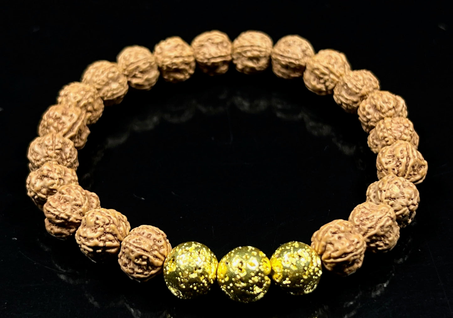 VULCAN Rudraksha & Lava Bracelet | Gold-Plated Stretch | 8mm Beads