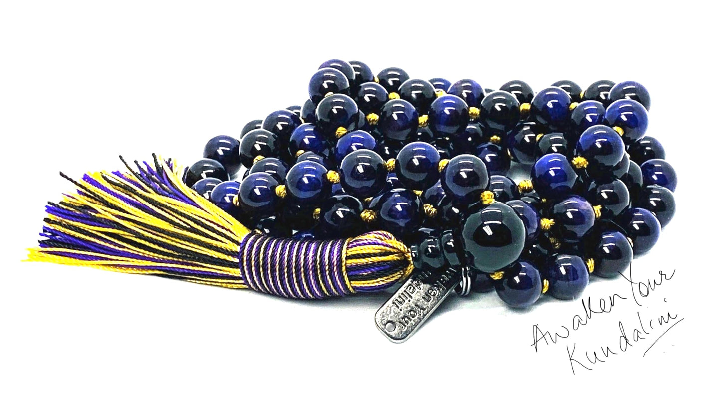 Hand Knotted Royal Guardian Mala – 8mm Purple Tiger’s Eye with Black Tourmaline Guru | 108 Beads | Third Eye & Root Chakras | February Birthstone Energy | Ethically Sourced
