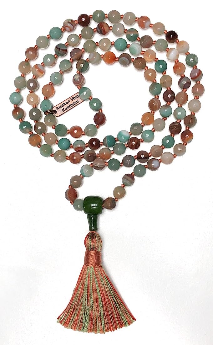 Experience Serenity & Balance with the Hand-Knotted Indian Agate Mala Beads Necklace - Taurus & Gemini Birthstone, Heart & Root Chakra Activation